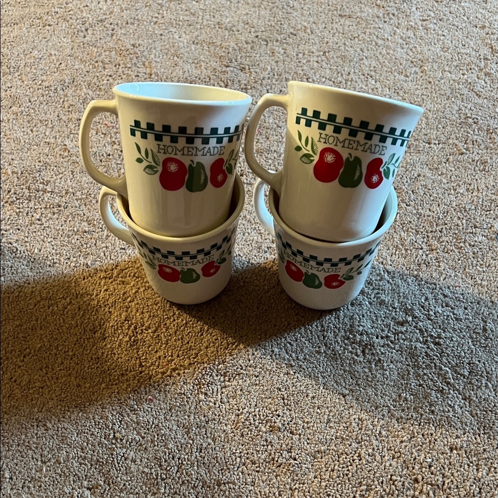 Corningware White Mugs with Red and Green Design